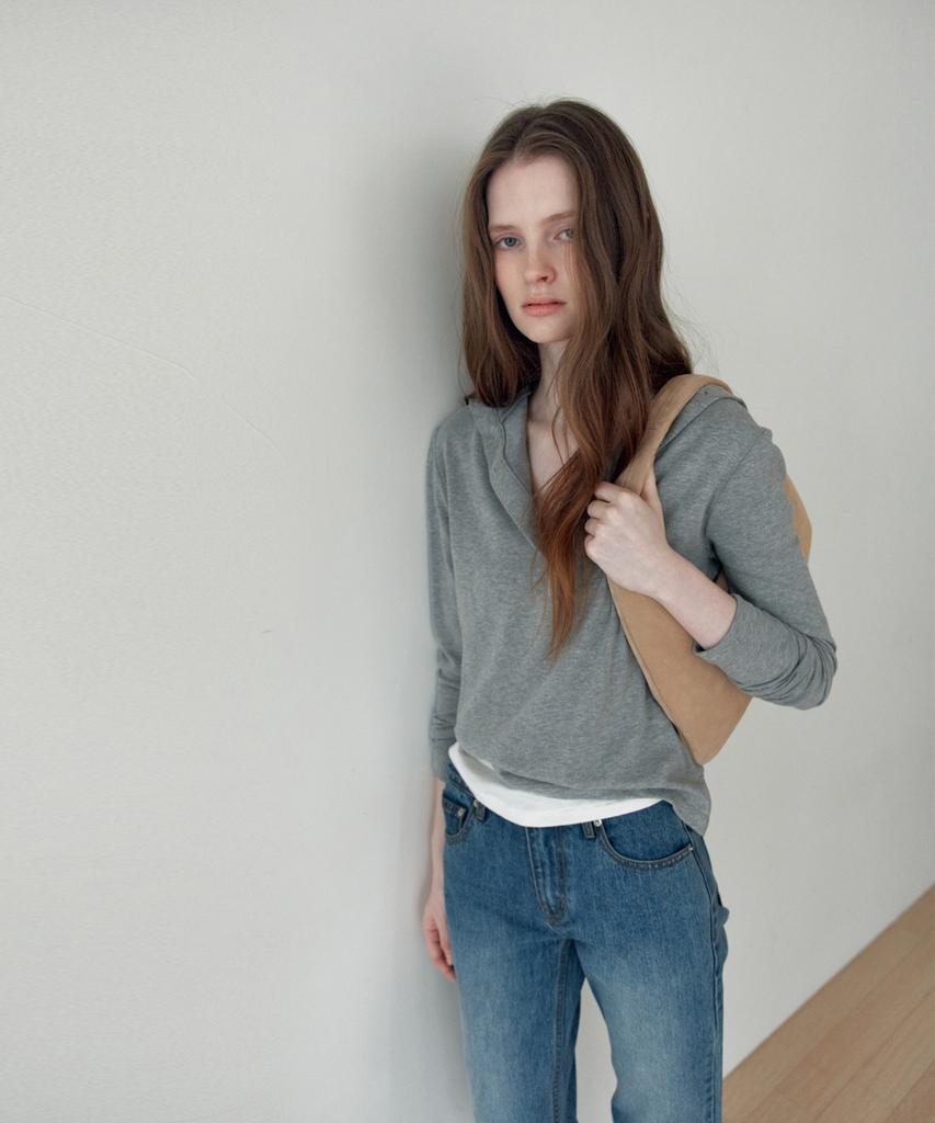 Deolil High-Neck Button Open T_Gray