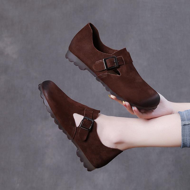 Fashion Leather Retro Nostalgic Mary Jane Shoes Flat Brown Wild Woods Old Movie Clothing with Women's Shoes Old Man Grandma Cowhide