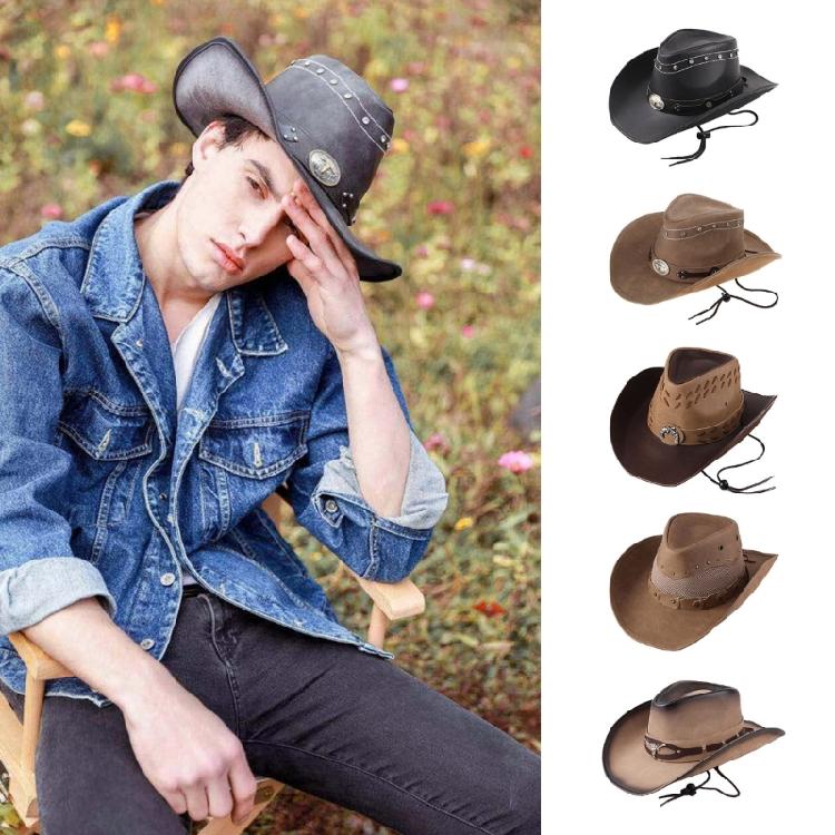 Vintage Faux Leather Hat Women Men Cowboy Hat Ethnic Style Western Style Hat