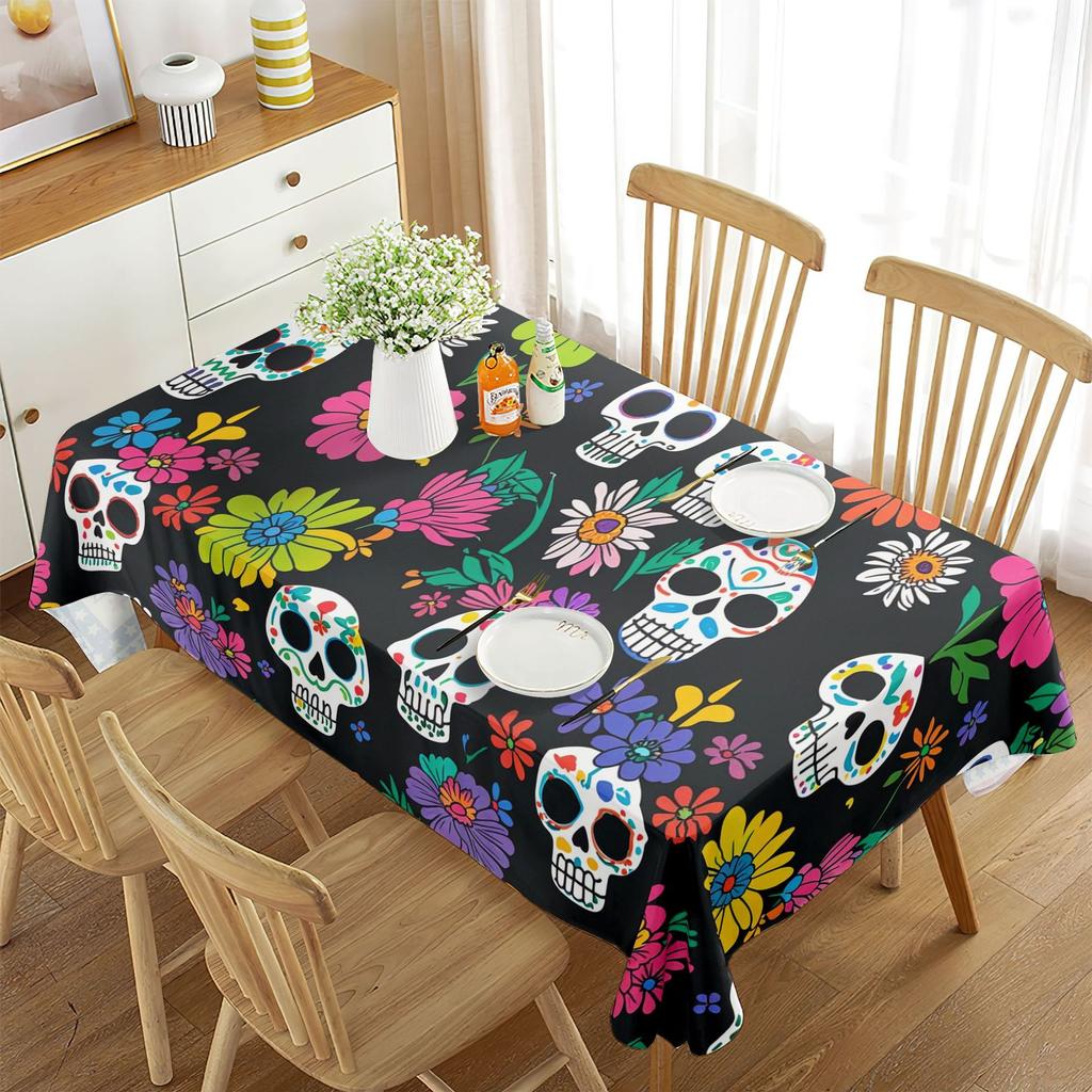 New Dining Table Cloth Tablecloth Waterproof Skull Flower Rectangular High-end Decorative Tablecloth Beach
