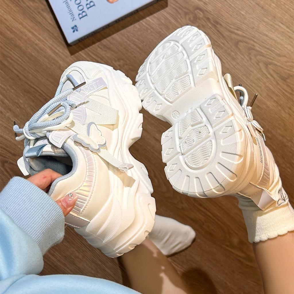 Women's shoes 2025 new thick soled dad shoes popular autumn butterfly student versatile lightweight white shoes for women
