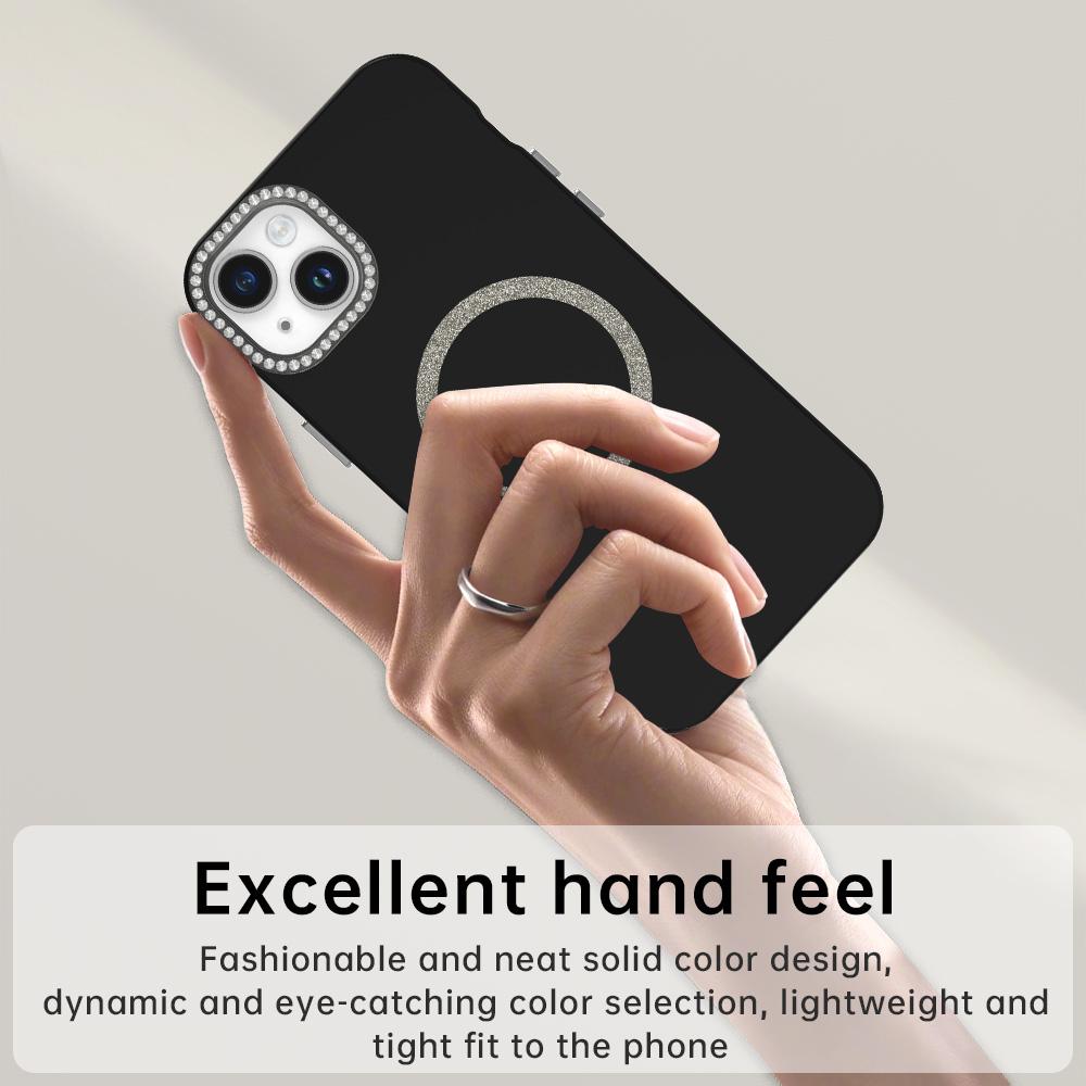 For iPhone 15 Plus/14 Plus Case Compatible with MagSafe TPU+PET Phone Cover with Rhinestone Decor Lens Frame