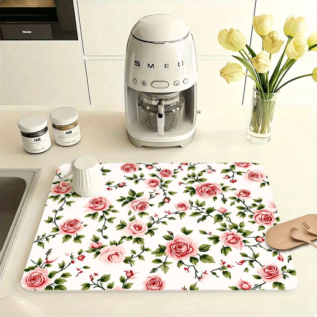 1Pcs Rubber Drying Mat With  Floral ButterflyPrint For Coffee Shop Restaurant Kitchen Carpet Tableware Durable Diatom Mud Table Mat Pet Mat Coffeeware