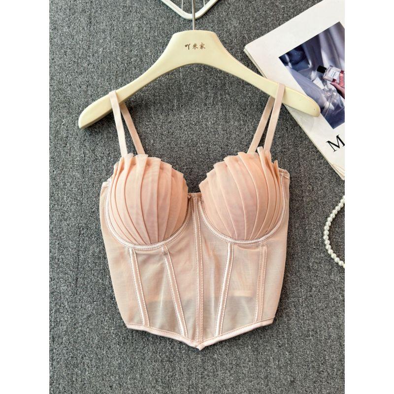 European American Summer New Mesh Folding Sexy Fishbone Camisole Women's Clothing Base Ride Outer Wear Short Tops