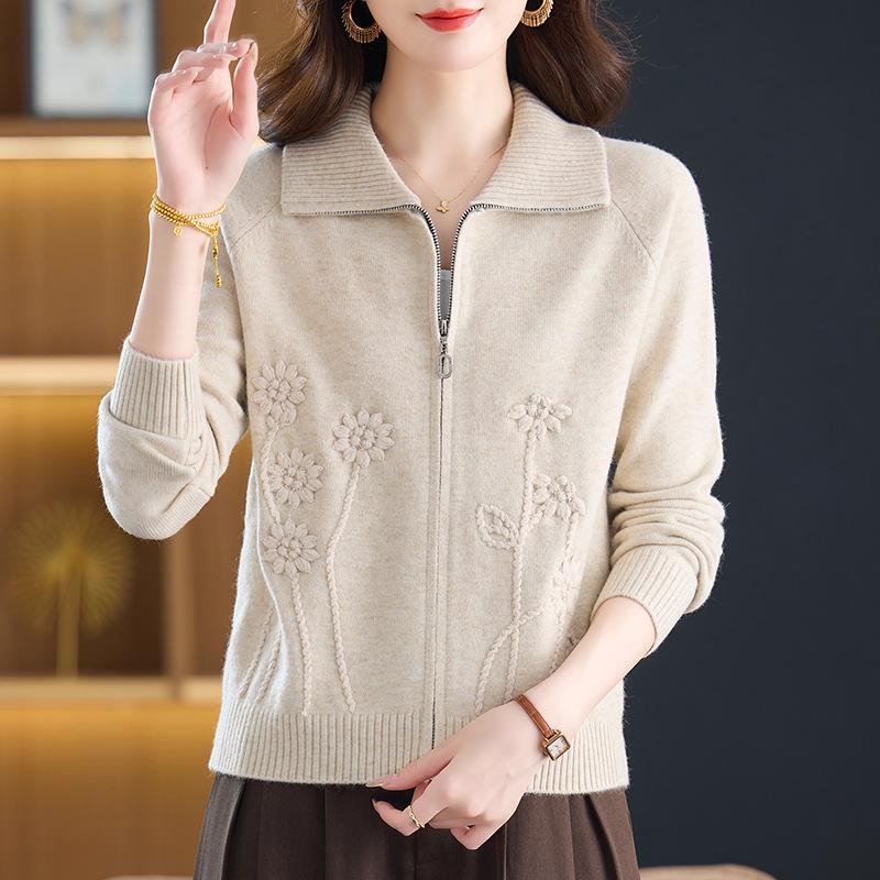 Women's Short Cardigan Sweater - 2025 Spring/Autumn Fashion, Loose Knitted Zipper Jacket for Moms
