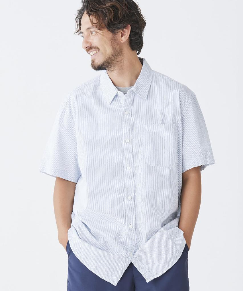 LL Bean Organic Cotton Seersucker Short Japan Size Bright 1000041817 Men's Shirt, Sleeve, Striped, Fit, M, Blue,