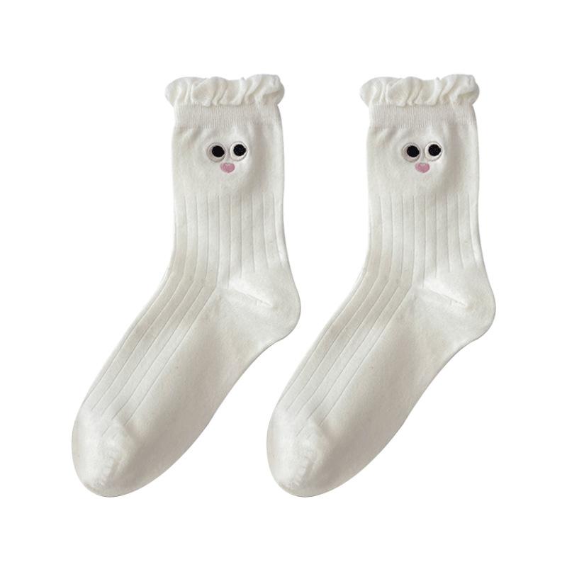Female Autumn and Winter Pure Color Lovely Playful Big Eyes Embroidery Lace Boneless In Tube Socks
