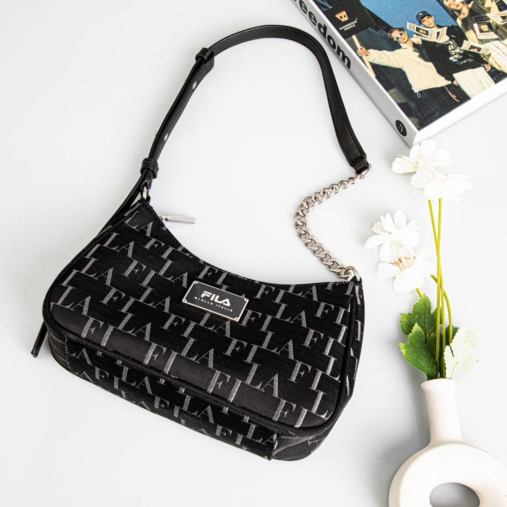 Fila Hobo Zipper Hidden Pattern Casual Simple Commuter Fashion Print Underarm Crossbody New Moon Bag Women Shoulder Bag Black F13W341163FBK