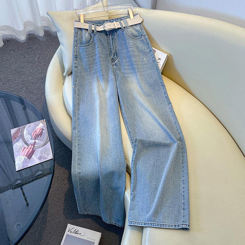 

Women s High-Waist Rhinestone Wide-Leg Jeans - Spring/Autumn 2026 Style - Slimming, Shiny Curved Pocket, Straight Leg Pants 4XL /32 [Recommended for 145-155 lbs] светло-синий