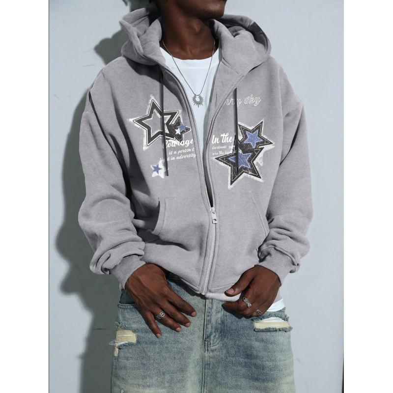 Unisex Streetwear Oversized Hooded Rits-Up Sweatshirt Met Sterrenprint Losse Pasvorm Casual Lange Mouwen Pullover