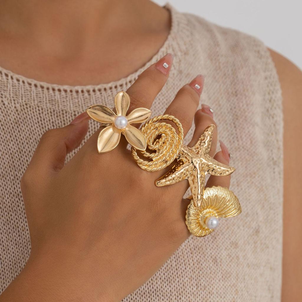 Luxuriöse übertriebene große Blütenblatt-Blumenringe für Frauen, Vintage, geometrisch, verstellbar, Perlenfingerring, Grunge-Schmuck, Steampunk