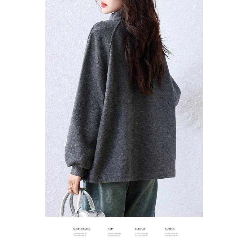 Women's Gray Half-Zip Stand Collar Oversized Sweatshirt Side Slit Pocket Loose Long Sleeve Casual Pullover Top