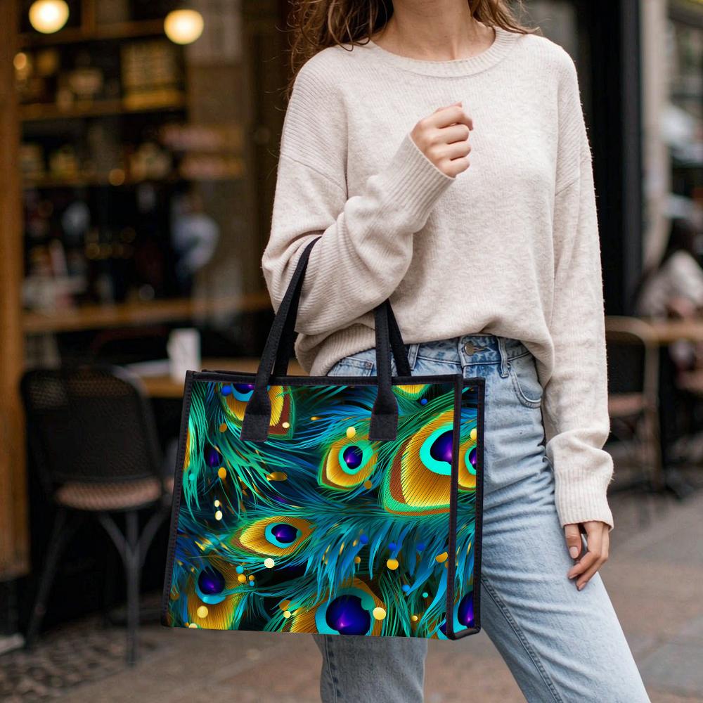 Peacock Feather Pattern Tote Bag Stylish Daily Carry Handbag for Women Trendy Portable Commuter Shoulder Bag