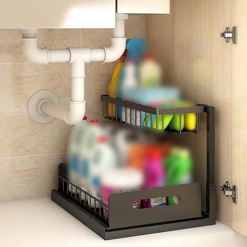 

Органайзеры и системы хранения под раковиной, с выдвижным ящиком, двухъярусная многоцелевая полка для ванной комнаты, органайзер для хранения на кухне и в ванной 1pc чёрный