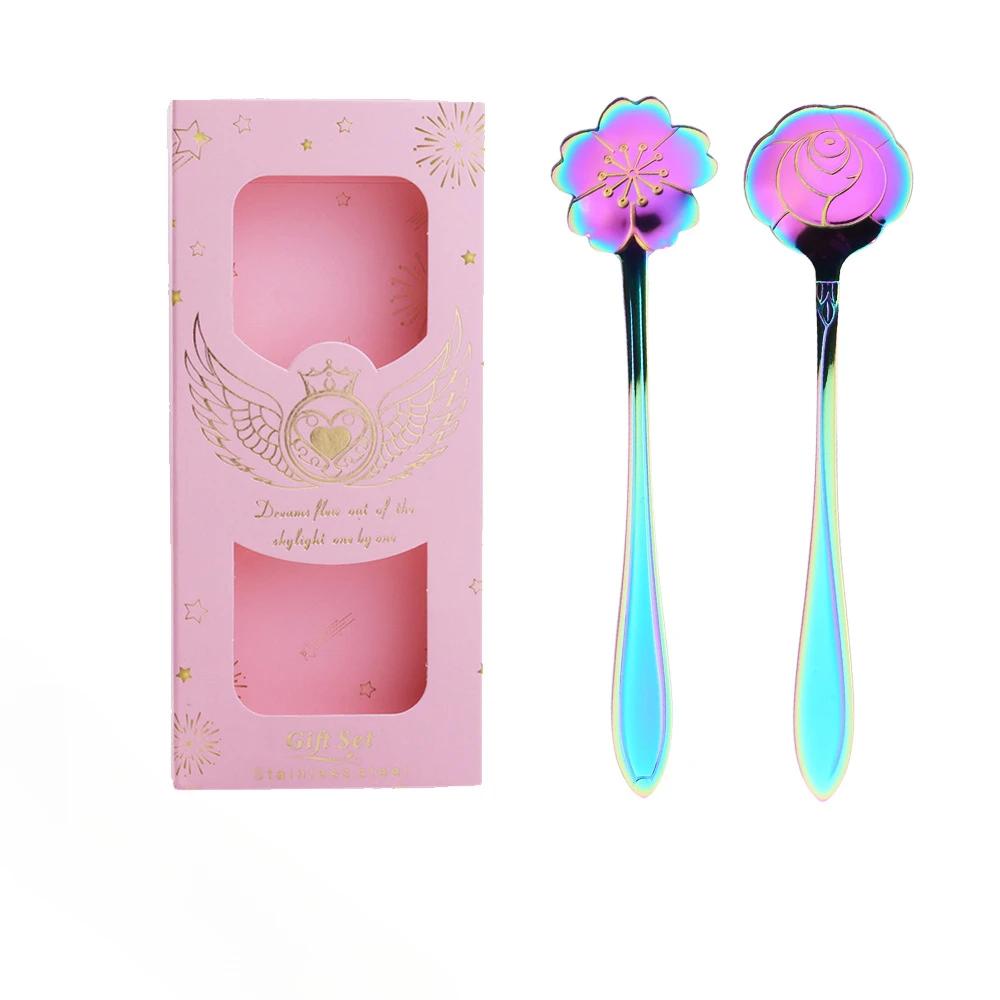2Pcs/set Creative Stainless Steel Flowers Shape Dessert Spoons Kids Sugar Spoons Set Kitchen Accessories Wedding Gift Box Set