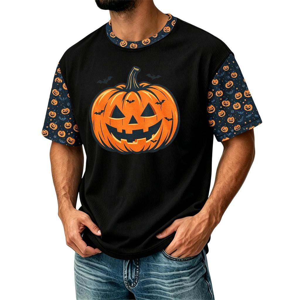Herren Freizeit Corduroy Kurzarm Rundhals Leicht Atmungsaktiv T-Shirt mit Halloween Kürbis Print Design Bequeme Passform