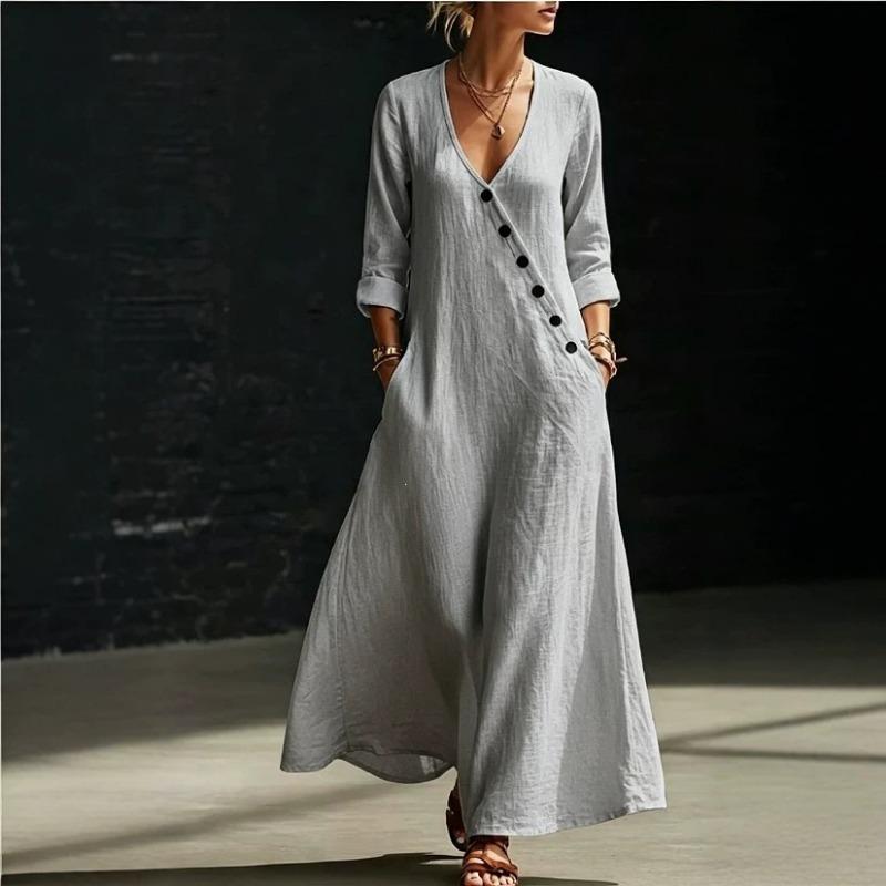 Women Casual Deep V Neck Long Sleeve Loose Asymmetrical Maxi Dress For Vacation S серый