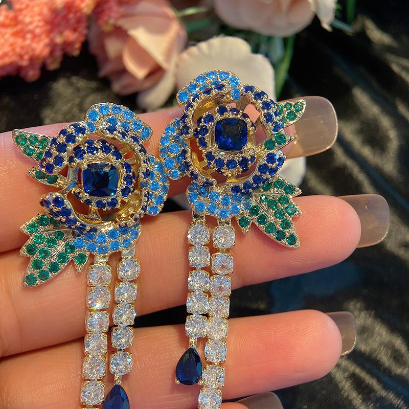 Luxury 925 Silver Needle 2022 New Earrings Color CZ Blue Rose Tassel Earrings for Women Trendy Elegant Jewelry Party Earrings