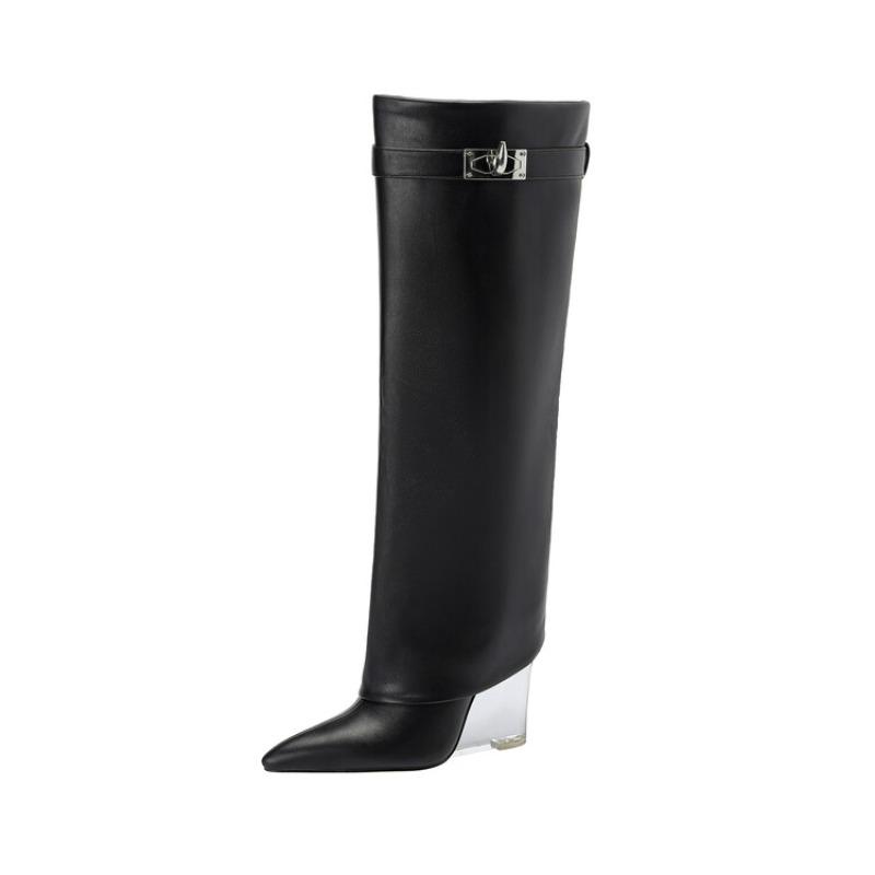 Fashion New Crystal Slope Belt Buckle Decorative Skirts Boots Fashion High Heels Black Red Size 34-43 Knee High Boots Winter Women Shoes