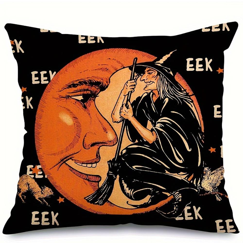 1 Piece Halloween Decoration Cushion Cover, Moon Witch Black Cat Pattern Pillow Cover, Suitable for Party Home Room Decoration