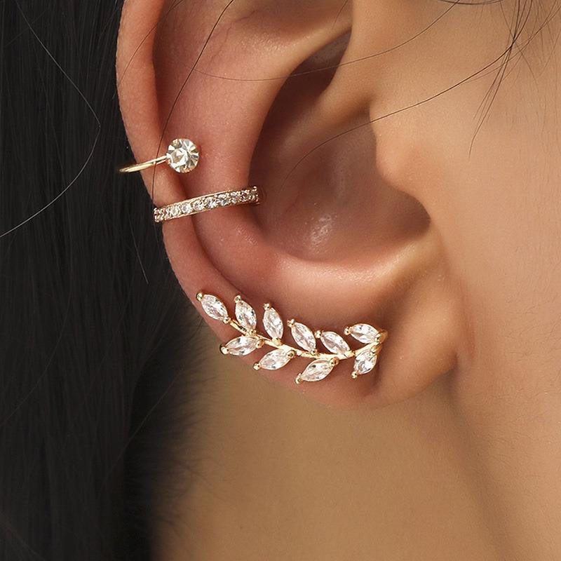 Women's Gold Diamond Ear Bone Clip, Non-Pierced, Geometric & Leaf Design, Japanese & Korean Style