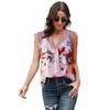 Women Leopard Print Satin V Neck Lace Trim Sleeveless Blouse