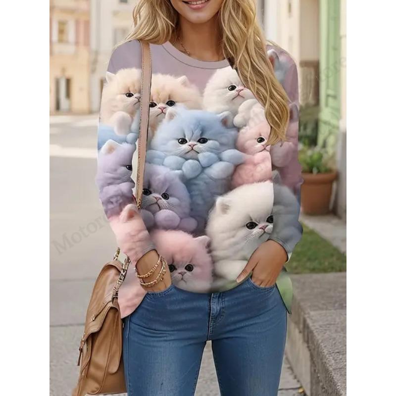 New Cute Cat 3d Print T-Shirt Animal Casual Long Sleeve T-shirt Women's Clothing Fashion Casual Oversized Tops Tees Female