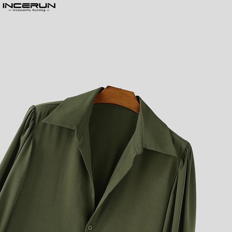 INCERUN Men Lapel Collar Long Puff Sleeve Buttons High Splits Long Shirts