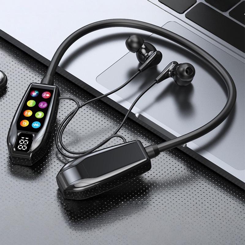 Trendy Neck-Hanging Bluetooth Headphones with High-Quality Sound, Digital Display, Karaoke Feature, and Long Battery Life.