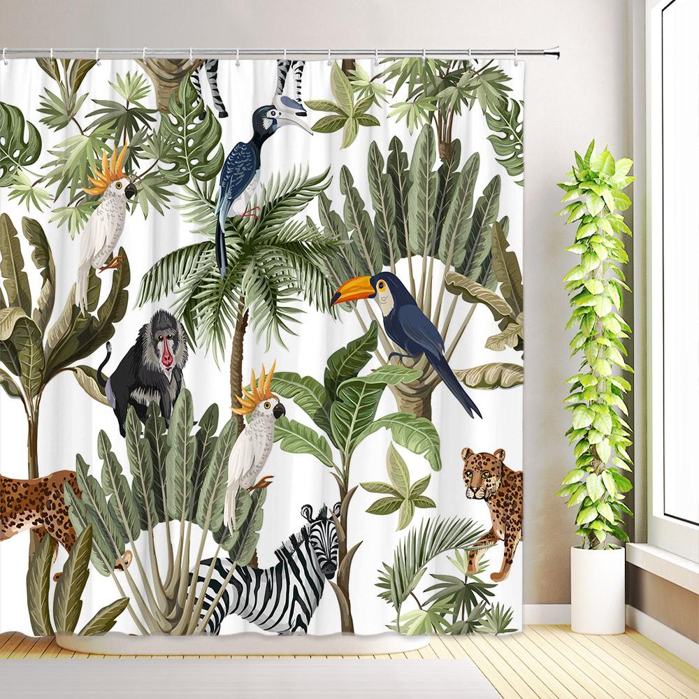 Cartoon Animals Shower Curtain Cute Giraffe Elephant Lion Floral Plant Leaves Dinosaur Funny Bath Curtains Fabric Bathroom Decor