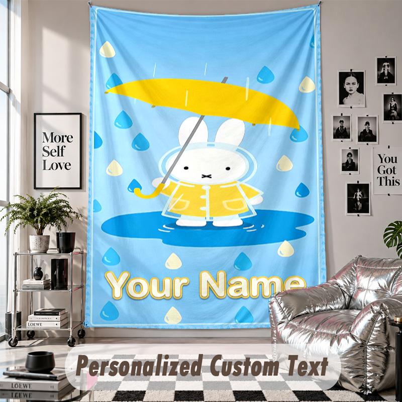Wall Hanging Tapestry With Custom Name & Text, Miffy Decorative Tapestry For Bedroom