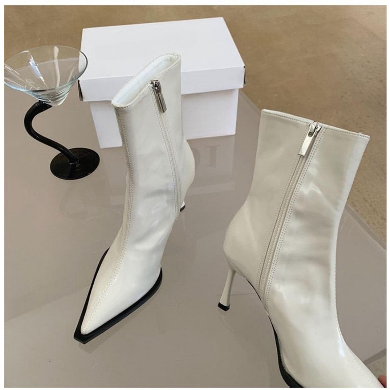 

Ботильоны на высоком каблуке осень и зима европейский и американский универсальный, остроносый лакированный винтажный шпилька коричневые ботильоны 35 белый