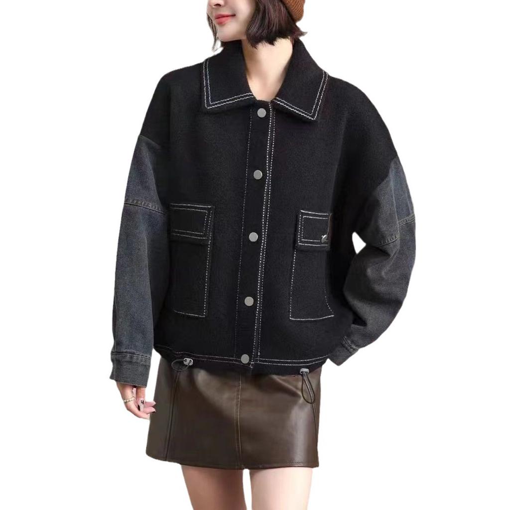 Denim spliced woolen jacket women's 2025 autumn new outer wear short loose knitted cardigan women's fashion top