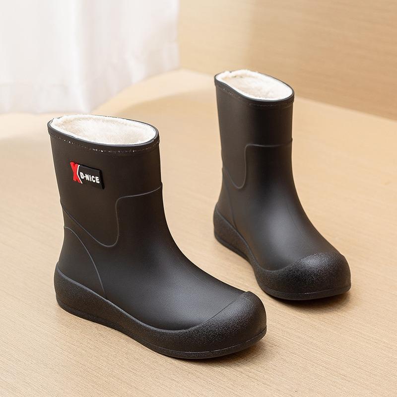 Fashion new women's wear-resistant rain shoes rain boots medium tube velvet warm water shoes kitchen non-slip waterproof work rubber shoes
