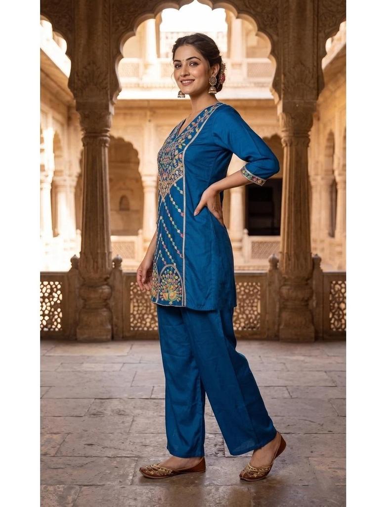 Women Polyester Ethnic Top Pant Set Party Wear Bollywood Tunic Kurti Cord Set Dress