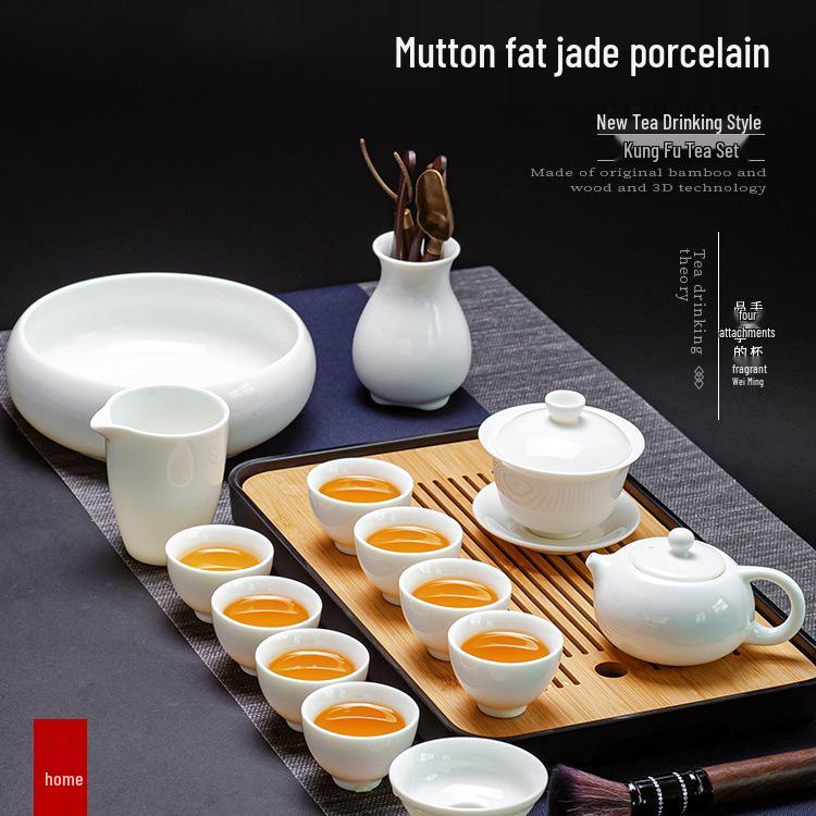 Mutton Fat White Porcelain Kung Fu Tea Set - Teapot, Gaiwan, and Teacup for Home & Office