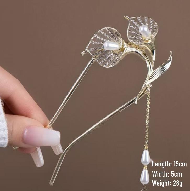 Épingle à cheveux vintage en forme de U avec pompon paon pour femmes - Épingle à chignon nacrée pour Cheongsam et Hanfu