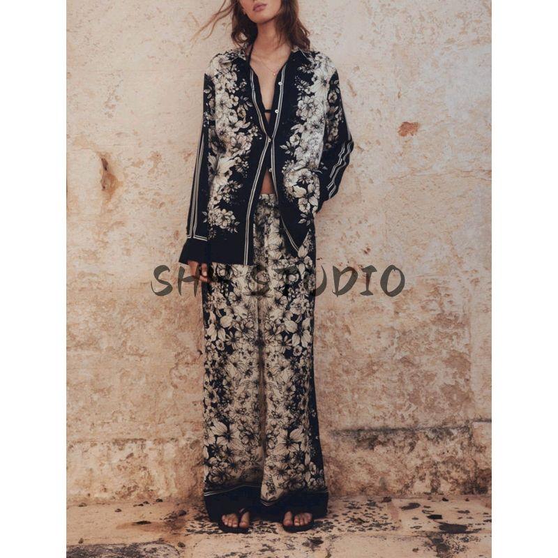 With Collar Long Sleeves Loose Print Long Shirt 1288634 High Waist Straight-leg Print Drawstring Pants 1291026