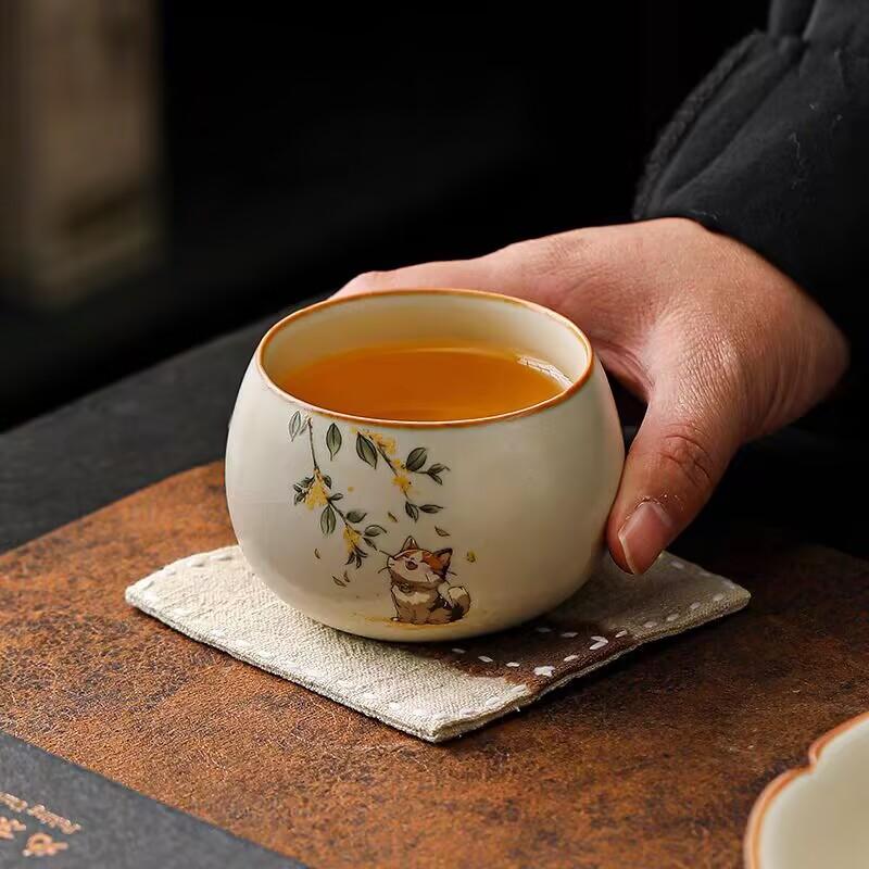 Beige Ru Kiln Teacup Cute Cute Cat Teacup Master Cup Girls Personal Tea Cup Tea Bowl Ceramic Tea Cup