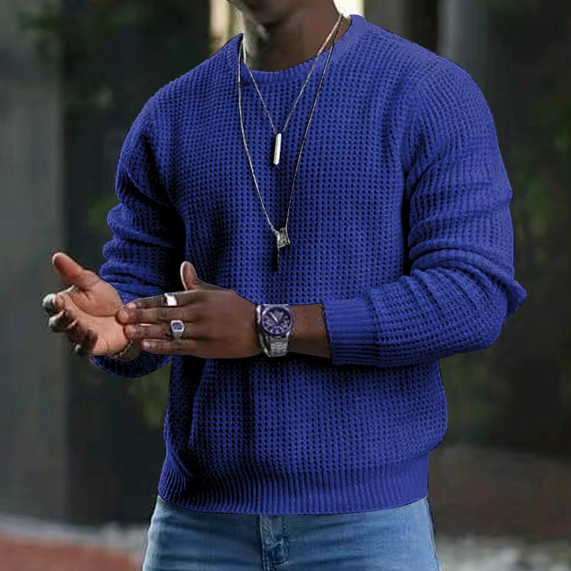 Autumn and Winter New Cotton Sports Men's Solid Color Waffle Crew Neck Pullover Knitted Sweater Tide