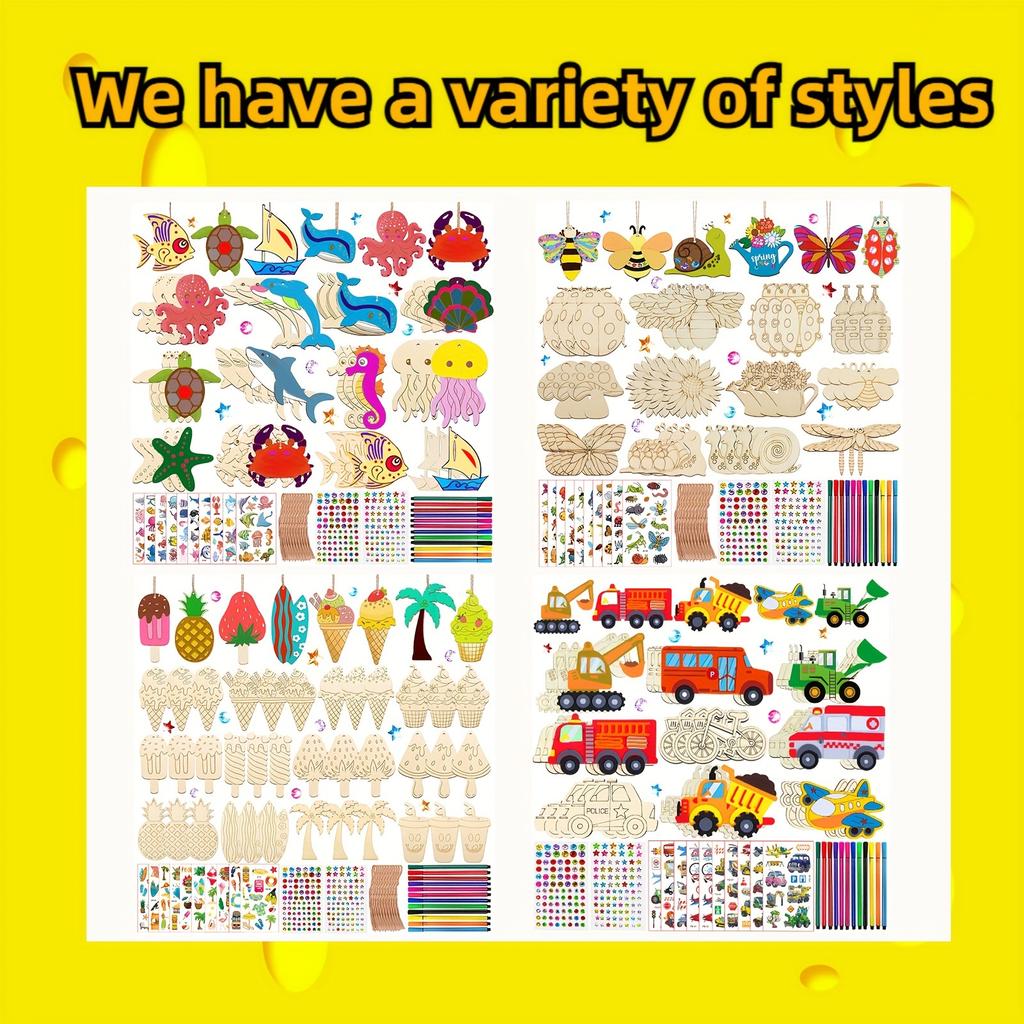 36Pcs Paint Wooden Crafts Kit for DIY Plant Insect Wood Shapes with Paint Pens Stickers Family Art Activity Garden Hanging