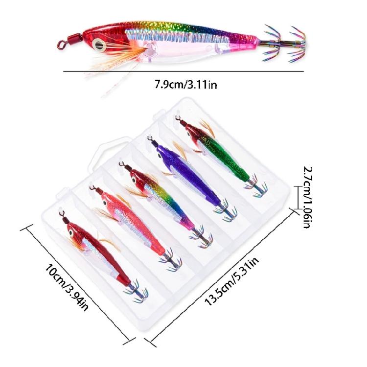 Squid Fishing Lure Set with 5 Solid Forms, Reflective Finish, Horizontal Sinking Action, Feather Skirts and Tail Point Design for Shoreline Use