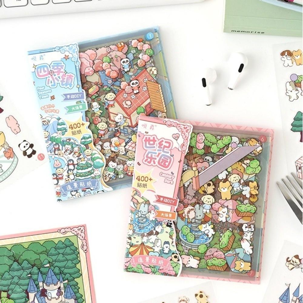 New PET 3D Landscape Sticker 3D Stacking Four Seasons Town Miniature Stickers Century Park Pocket Sticker Book Festival Gift
