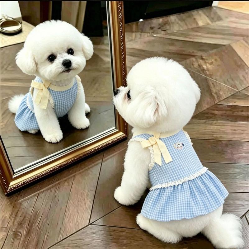 Cute Pet Products Checkered Bow Strappy Dog Dresses Pet Spring Lightweight Dog Cat Teddy Bear Summer Clothing Dogs Accessories