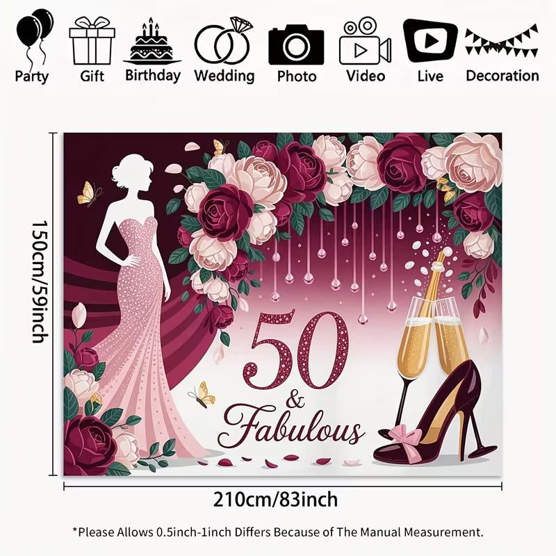 2D 50 & Fabulous Birthday Backdrop, Burgundy Floral Party Photography Background Cloth 47.2x31.5inch/120*80cm