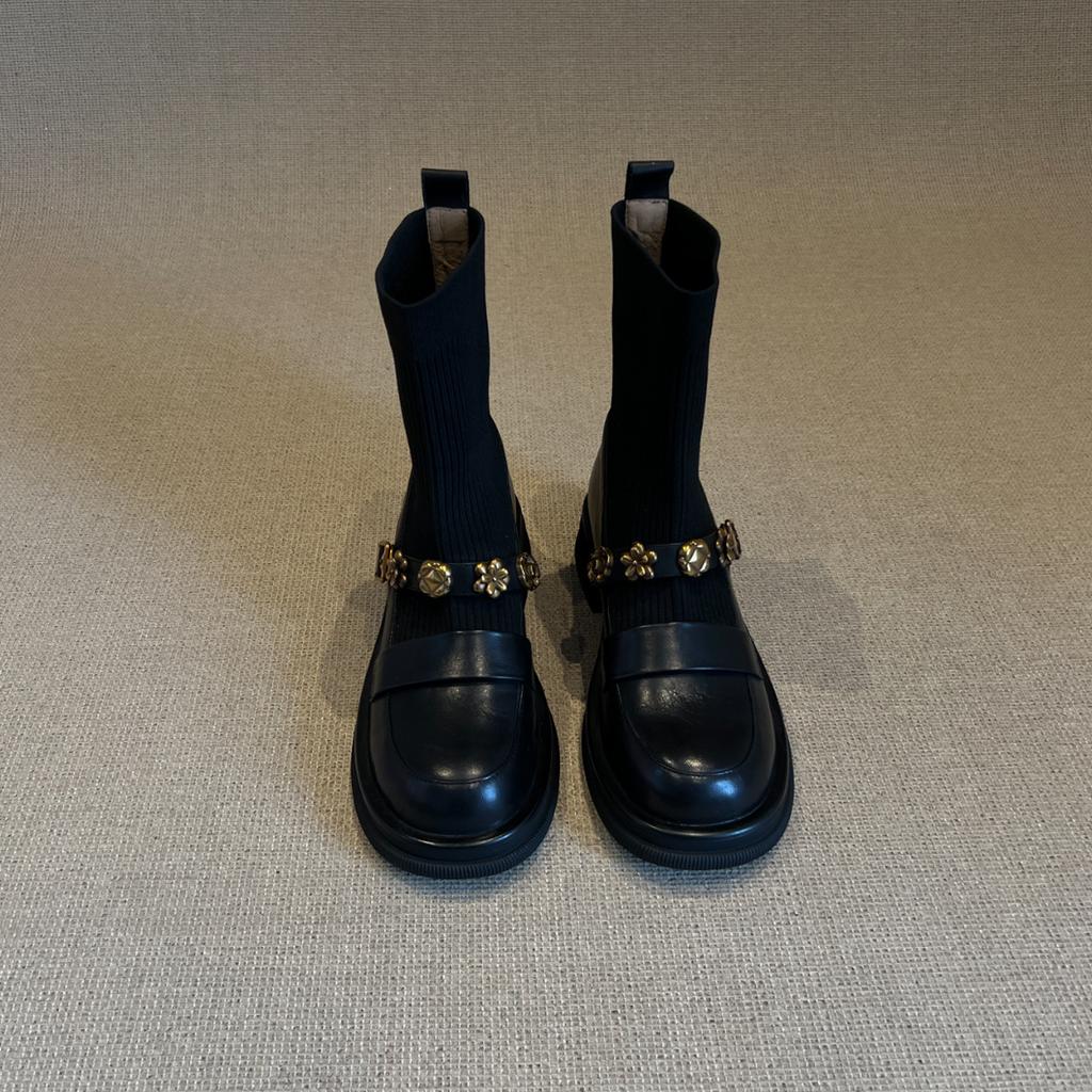 Thick-soled metal buckle elastic short boots retro knitted thin boots women's loafers boots