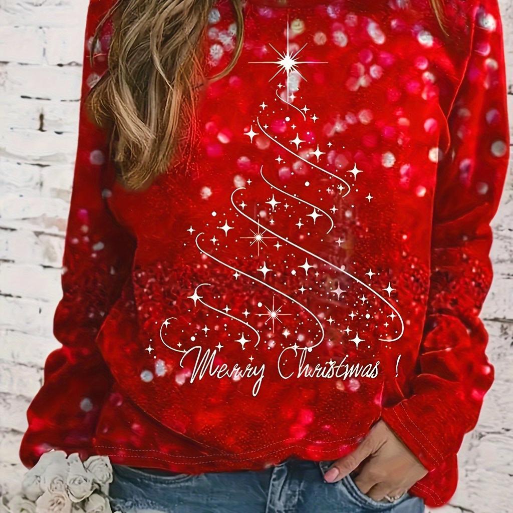 Women's Christmas Tree Printed T-Shirt - Elegant and Casual Round Neck Long Sleeve Top,