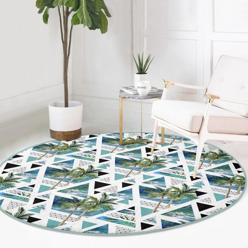 

Deymend Blue Geometric Palm Patterns Navy Blue Kitchen Round Velvet Carpet With Washable Non-Slip Base