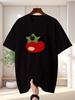 Unisex Bright Blue Tee Kawaii Black Cat On Tomato Cute Art Print Crew Neck Short Sleeve Summer Casual Male Cotton Street Daily Top