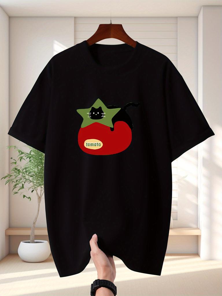 Unisex Bright Blue Tee Kawaii Black Cat On Tomato Cute Art Print Crew Neck Short Sleeve Summer Casual Male Cotton Street Daily Top